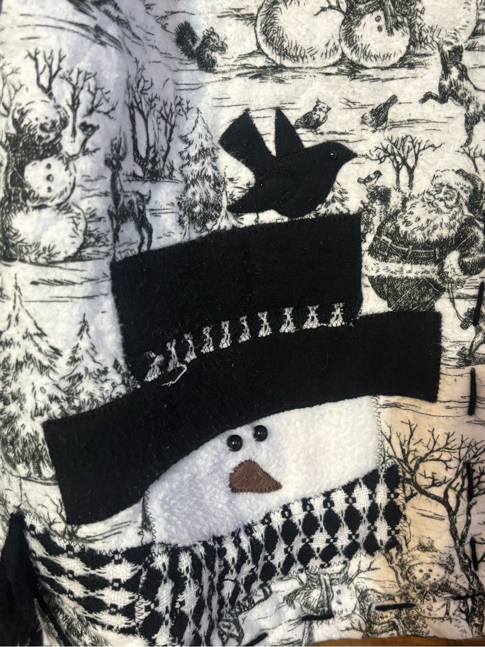 Vintage Quilted Snowman Christmas Jacket Black White Applique Winter Coat L - Picture 3 of 12